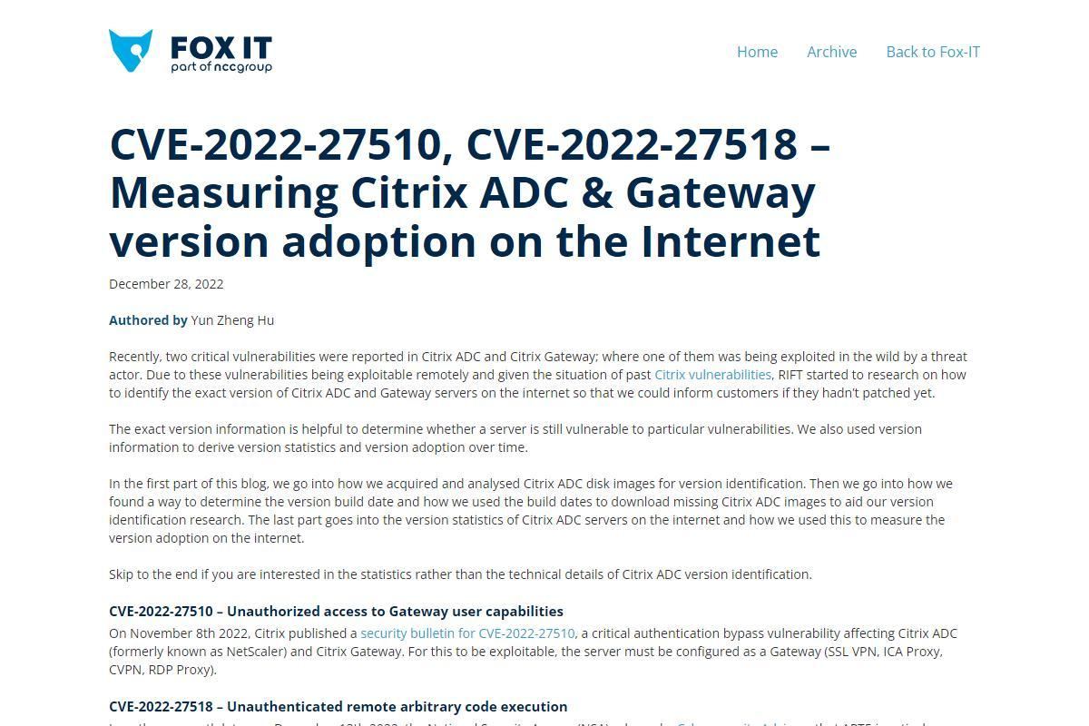 CVE-2022-27510、CVE-2022-27518 – Measuring Citrix ADC & Gateway version adoption on the Internet – Fox-IT International blog