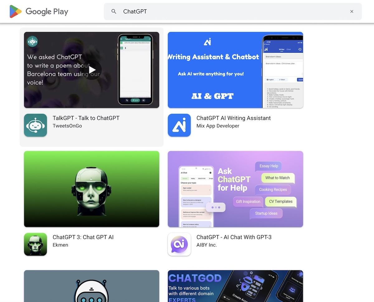 Google Playストアで「ChatGPT」を検索した結果の例