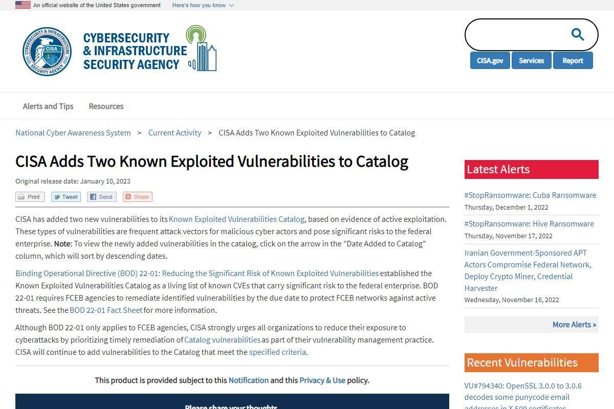 CISA Adds Two Known Exploited Vulnerabilities to Catalog｜CISA