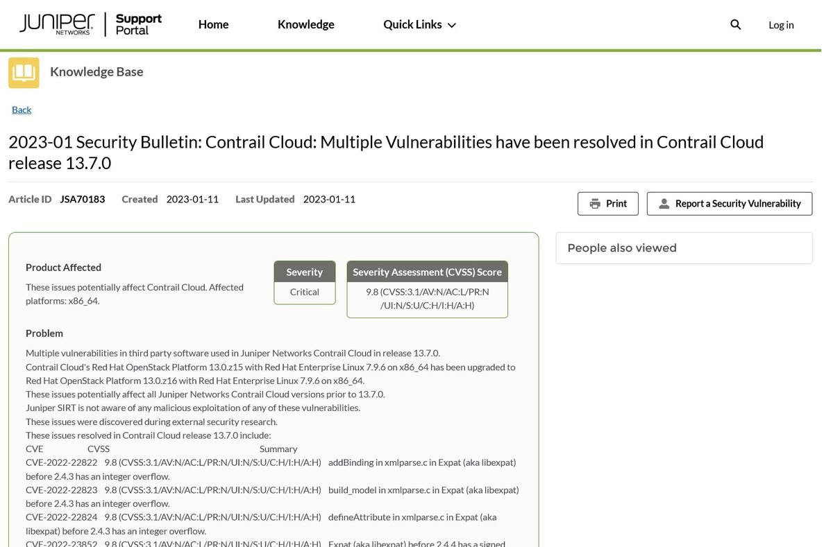 2023-01 Security Bulletin: Contrail Cloud: Multiple Vulnerabilities have been resolved in Contrail Cloud release 13.7.0