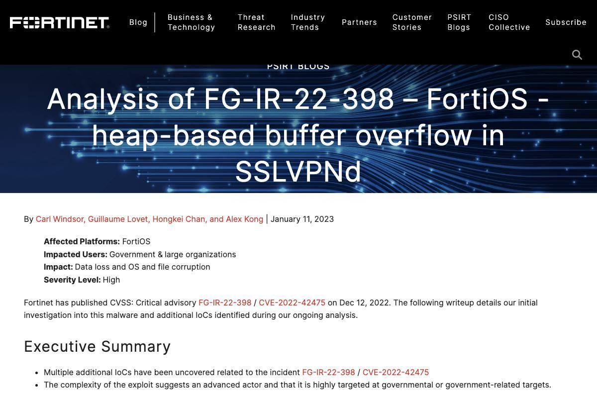 Analysis of FG-IR-22-398 – FortiOS - heap-based buffer overflow in SSLVPNd｜Fortinet Blog