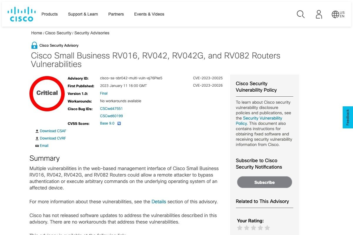 Cisco Small Business RV016、RV042、RV042G、and RV082 Routers Vulnerabilities