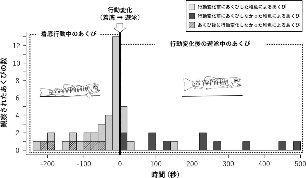 あくびと行動変化の時間関係を示す積み上げヒストグラム