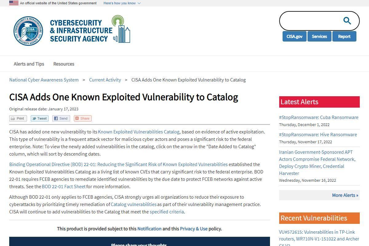 CISA Adds One Known Exploited Vulnerability to Catalog｜CISA