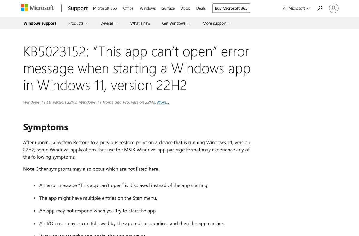 KB5023152: “This app can’t open” error message when starting a Windows app in Windows 11、version 22H2 - Microsoft Support