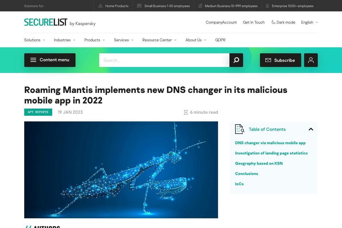 Roaming Mantis implements new DNS changer in its malicious mobile app in 2022｜Securelist