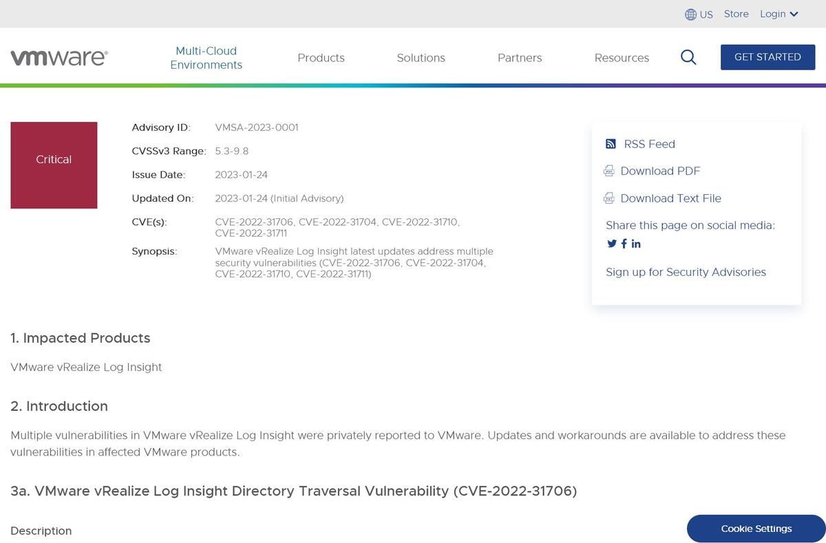 VMSA-2023-0001 - VMware vRealize Log Insight latest updates address multiple security vulnerabilities (CVE-2022-31706、CVE-2022-31704、CVE-2022-31710、CVE-2022-31711)