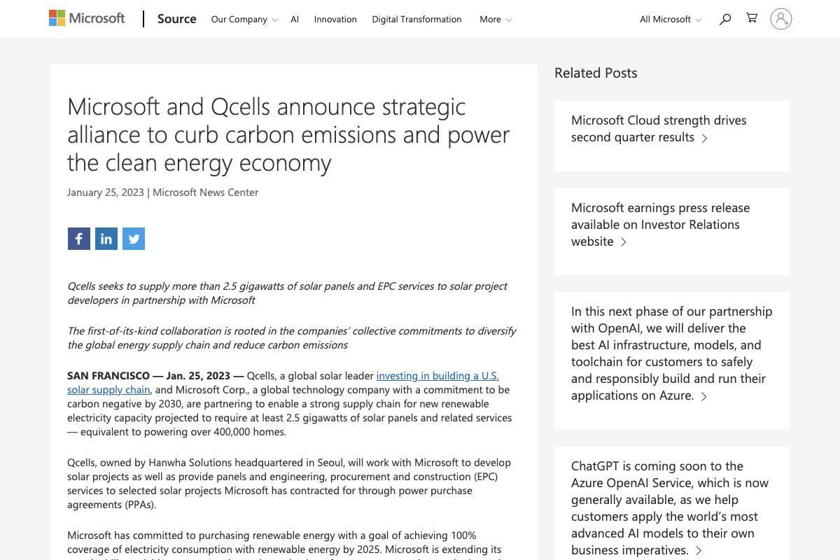 Microsoft and Qcells announce strategic alliance to curb carbon emissions and power the clean energy economy - Stories