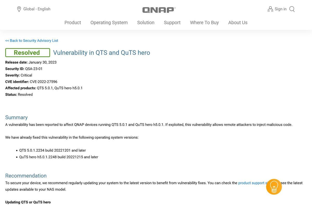 Vulnerability in QTS and QuTS hero - Security Advisory｜QNAP