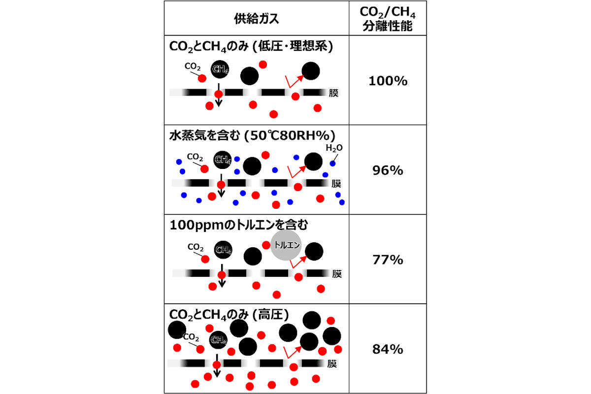 オールカーボンCO2分離膜の各種環境におけるCO2分離評価結果