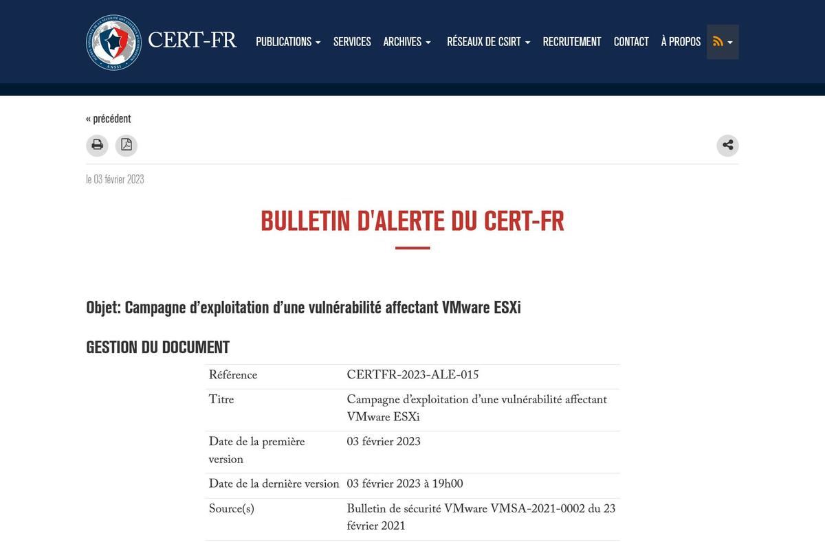 Campagne d’exploitation d’une vulnérabilité affectant VMware ESXi – CERT-FR