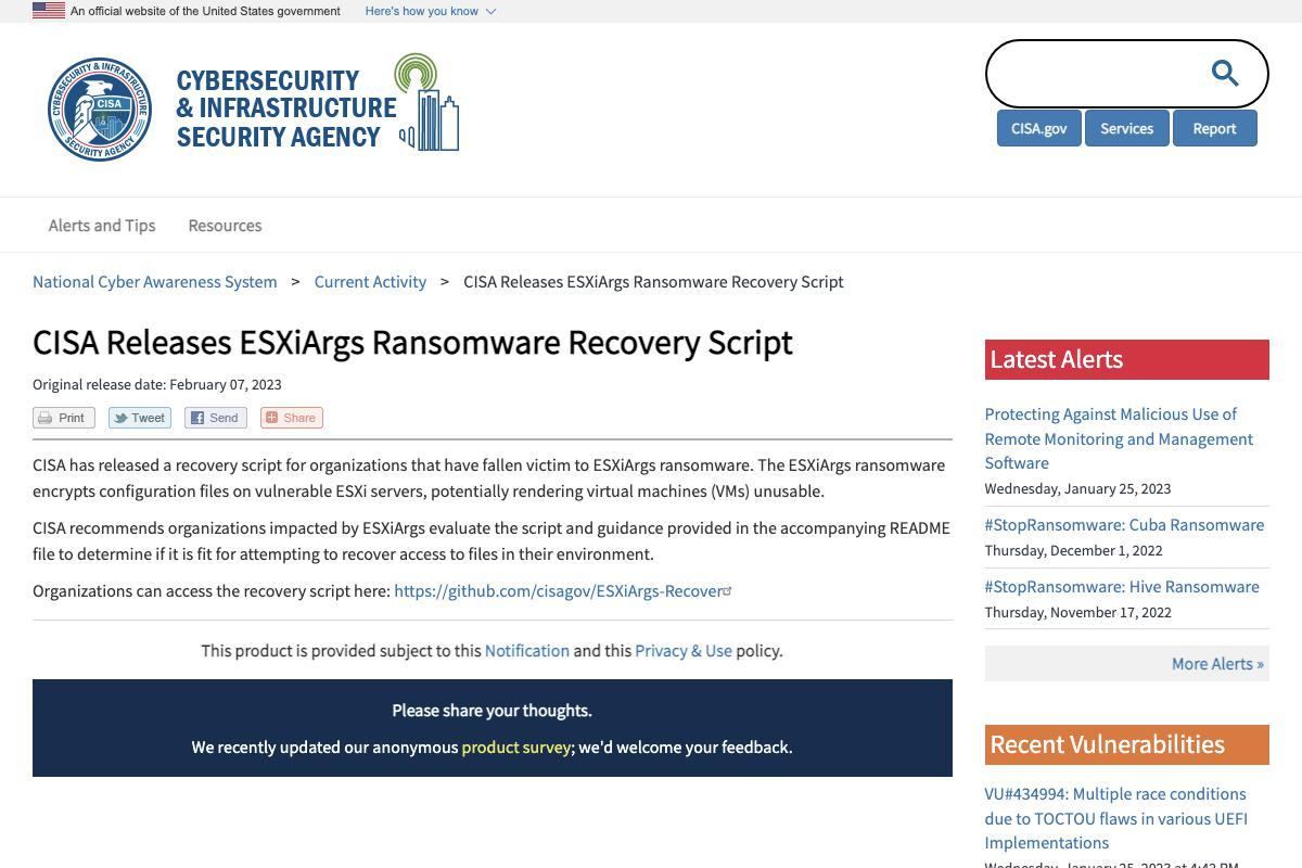 CISA Releases ESXiArgs Ransomware Recovery Script｜CISA