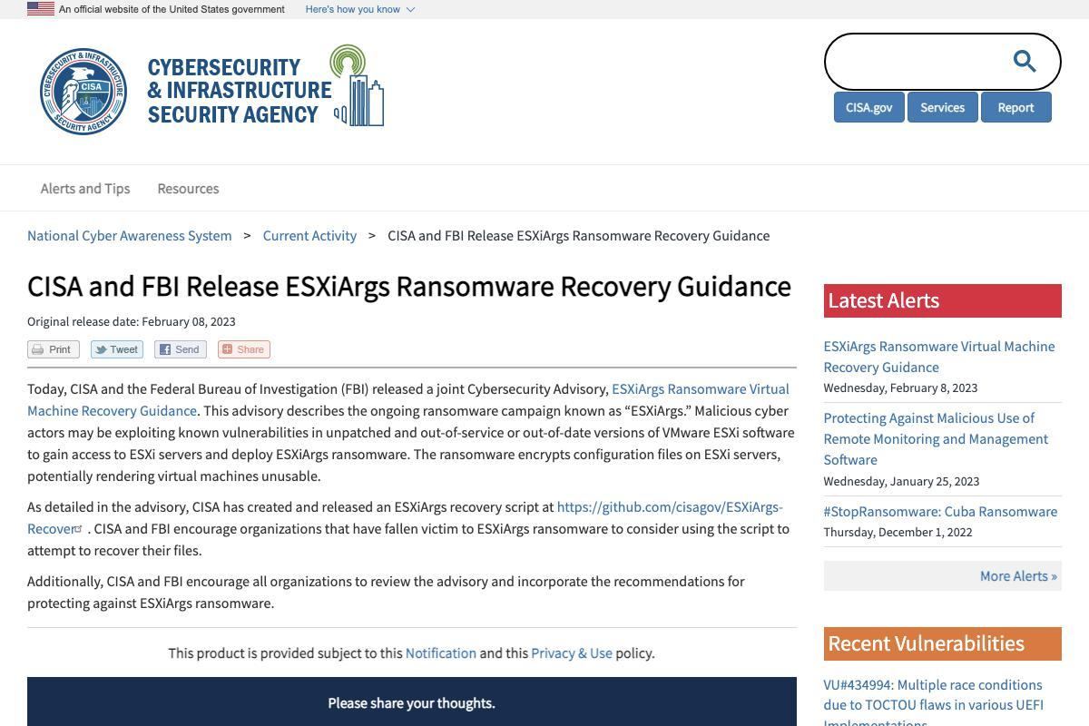 CISA and FBI Release ESXiArgs Ransomware Recovery Guidance｜CISA