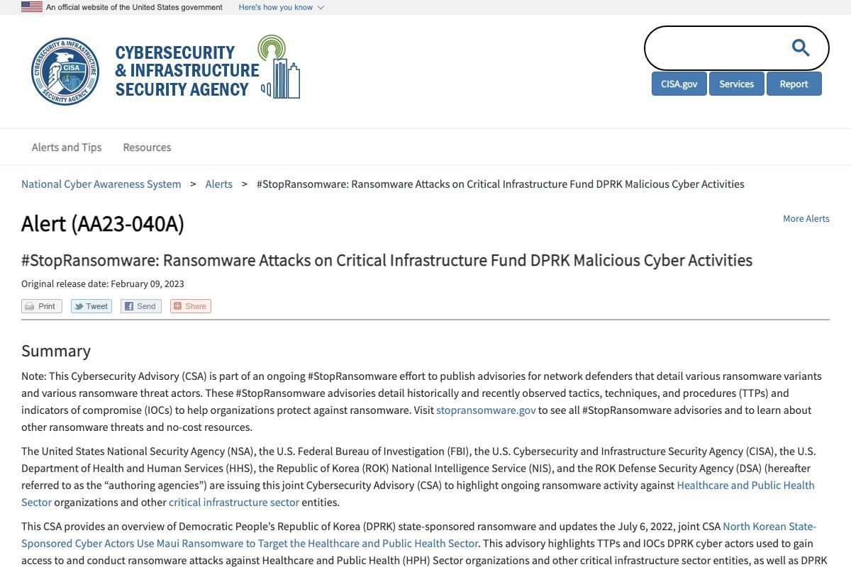 #StopRansomware: Ransomware Attacks on Critical Infrastructure Fund DPRK Malicious Cyber Activities｜CISA