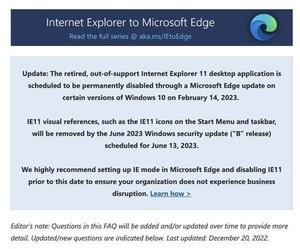 Microsoft、2月14日でWindows 10のInterner Explorer 11を完全無効化