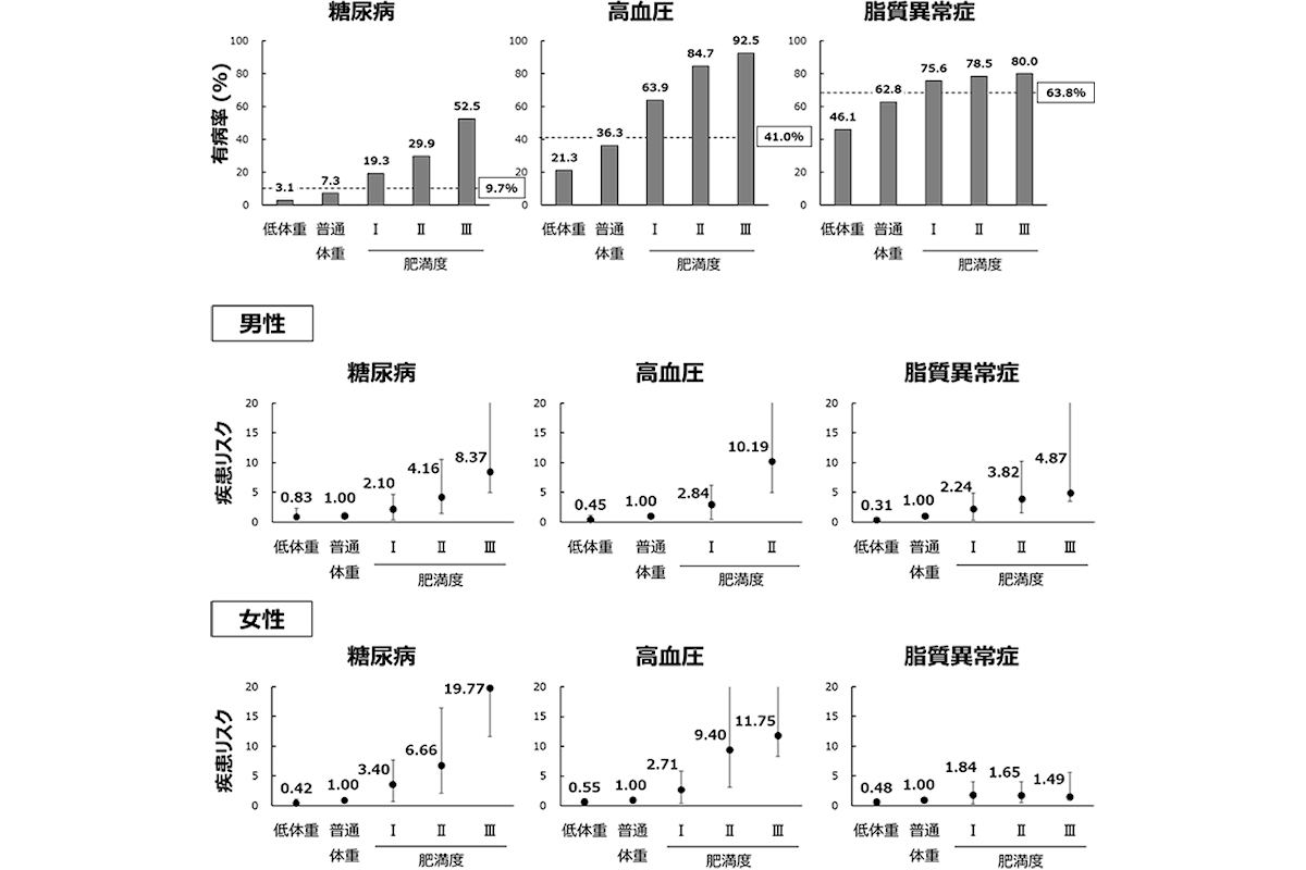肥満度ごとの糖尿病、高血圧、脂質異常症の有病率