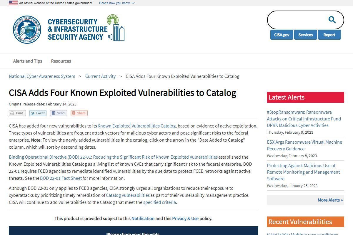 CISA Adds Four Known Exploited Vulnerabilities to Catalog｜CISA