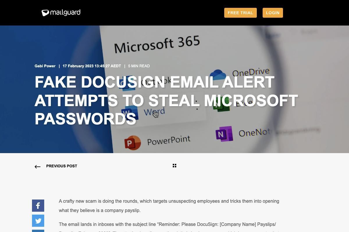 Fake DocuSign Email Alert Attempts to Steal Microsoft Passwords