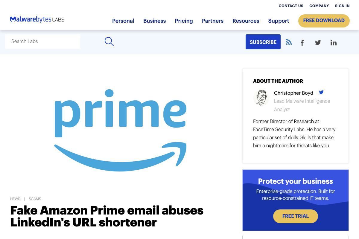 Fake Amazon Prime email abuses LinkedIn's URL shortener