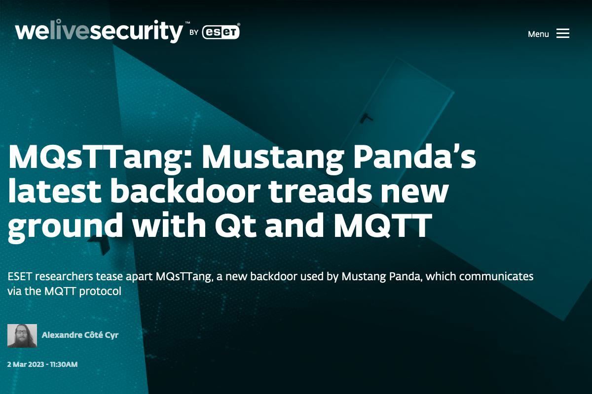 MQsTTang: Mustang Panda’s latest backdoor treads new ground with Qt and MQTT｜WeLiveSecurity