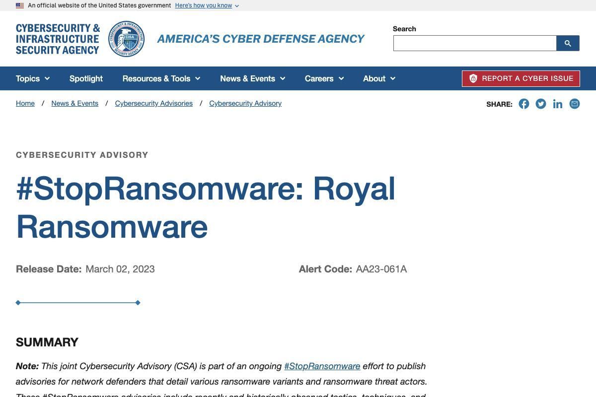 #StopRansomware: Royal Ransomware｜CISA