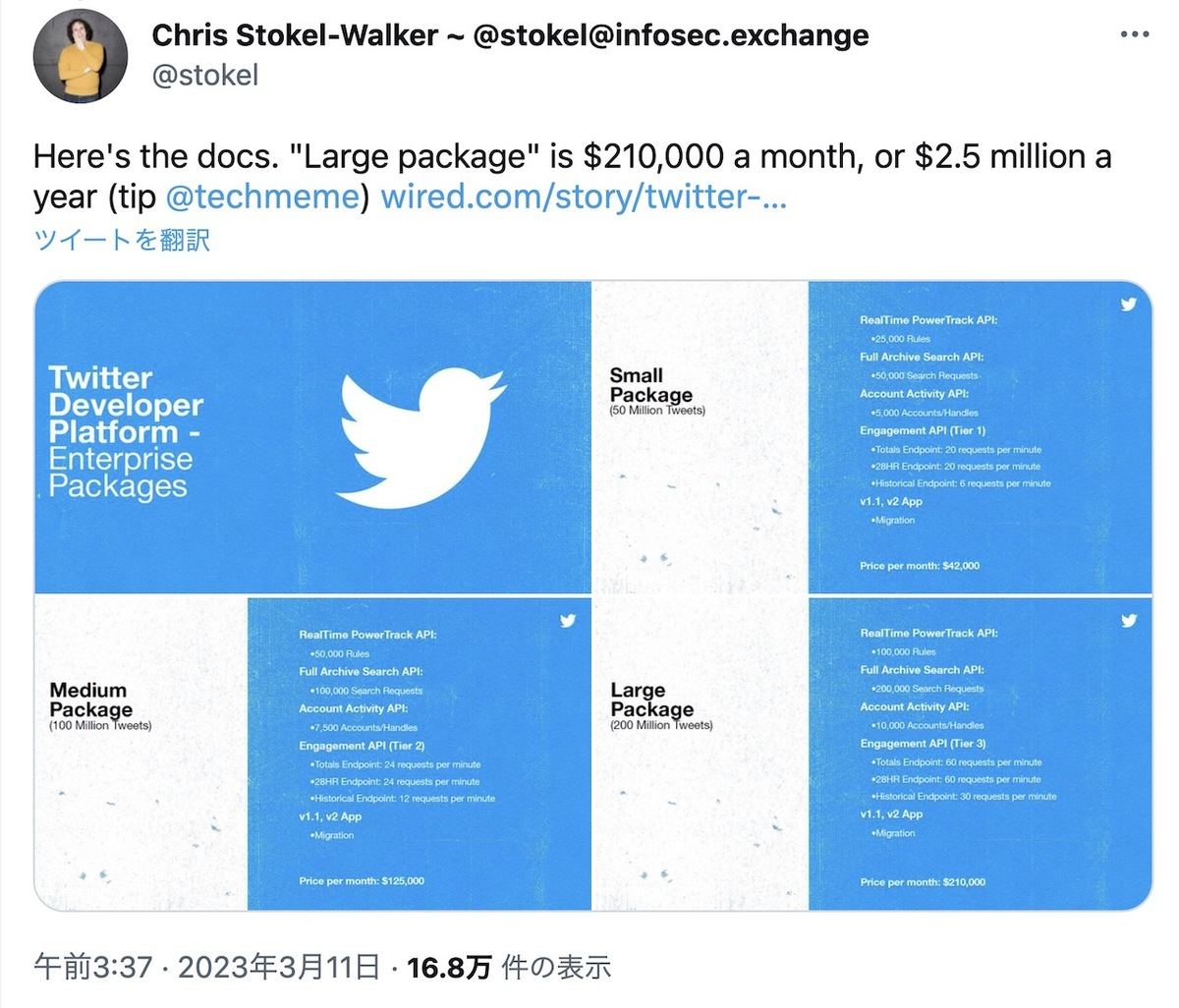 Twitter APIの新料金体系について伝えたChris Stokel-Walker氏のツイート