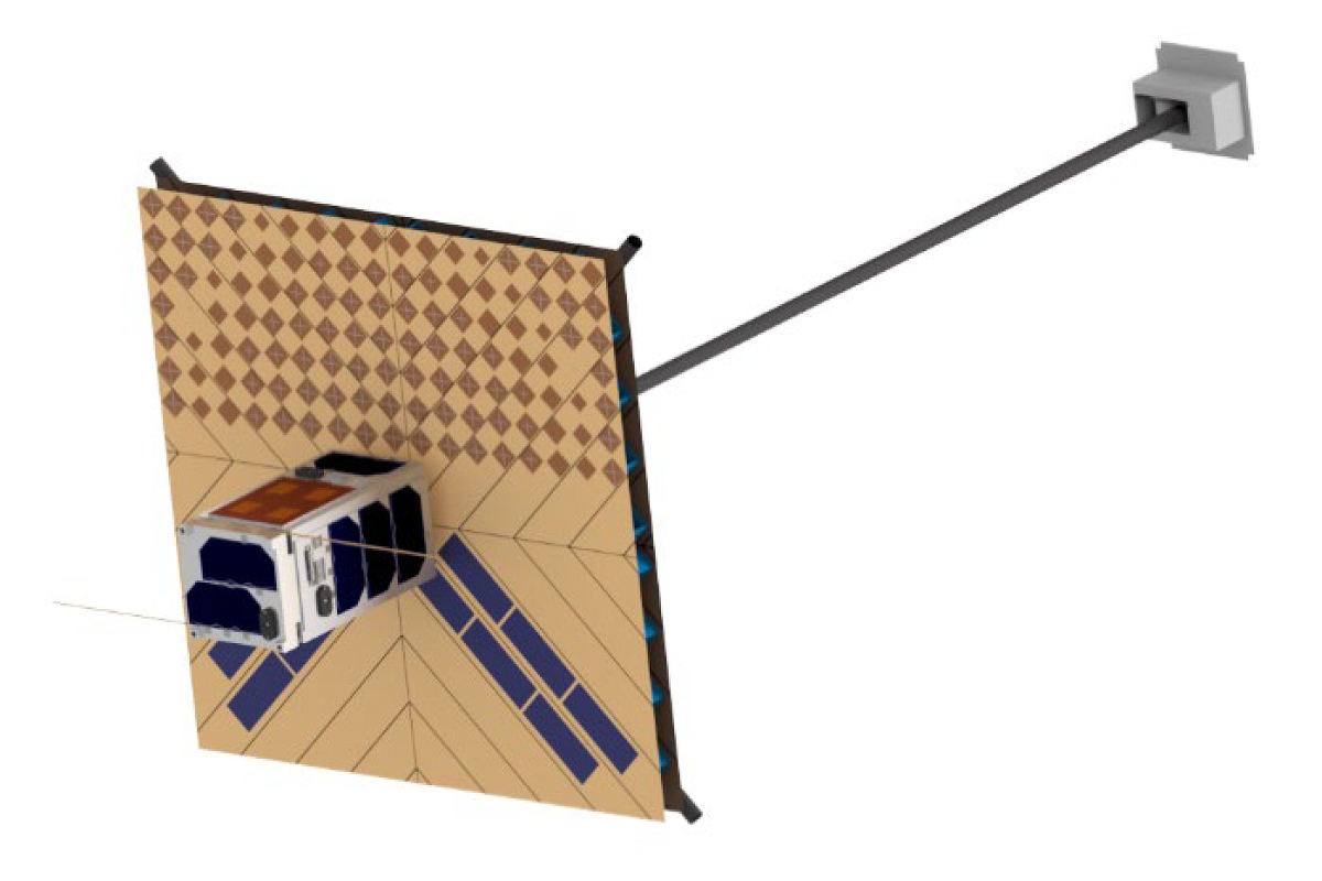 OrigamiSat-2のイメージ。同衛星は3Uキューブサットで、打ち上げ時のサイズは10cm×10cm×34cm。軌道上で50cm×50cmの膜アンテナおよび1mの姿勢安定用マストを展開する