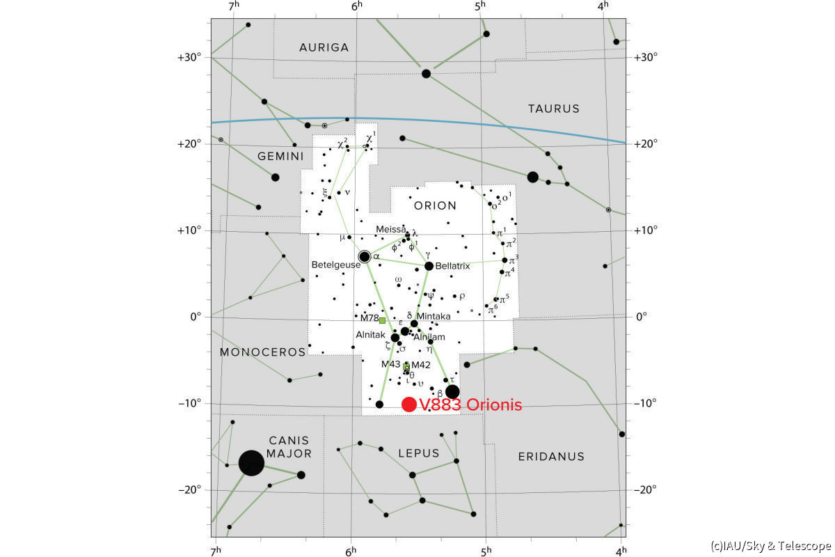 オリオン座V883星は、地球から約1305光年離れたオリオン座の足下にある原始星だ。(c)IAU/Sky & Telescope