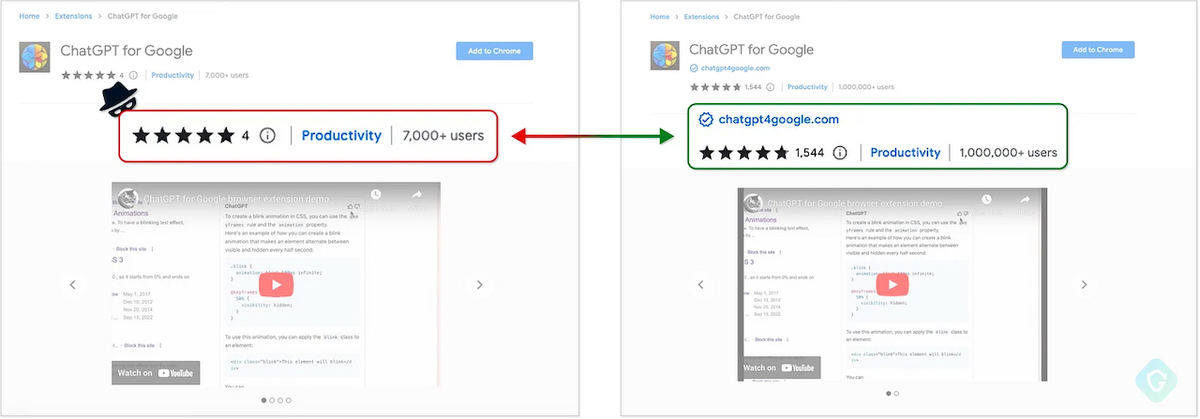 左が偽のChrome拡張、右が本物の「ChatGPT for Google」　引用：Guardio