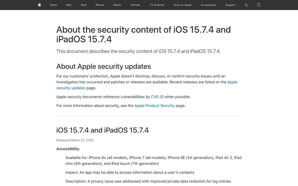 About the security content of iOS 15.7.4 and iPadOS 15.7.4