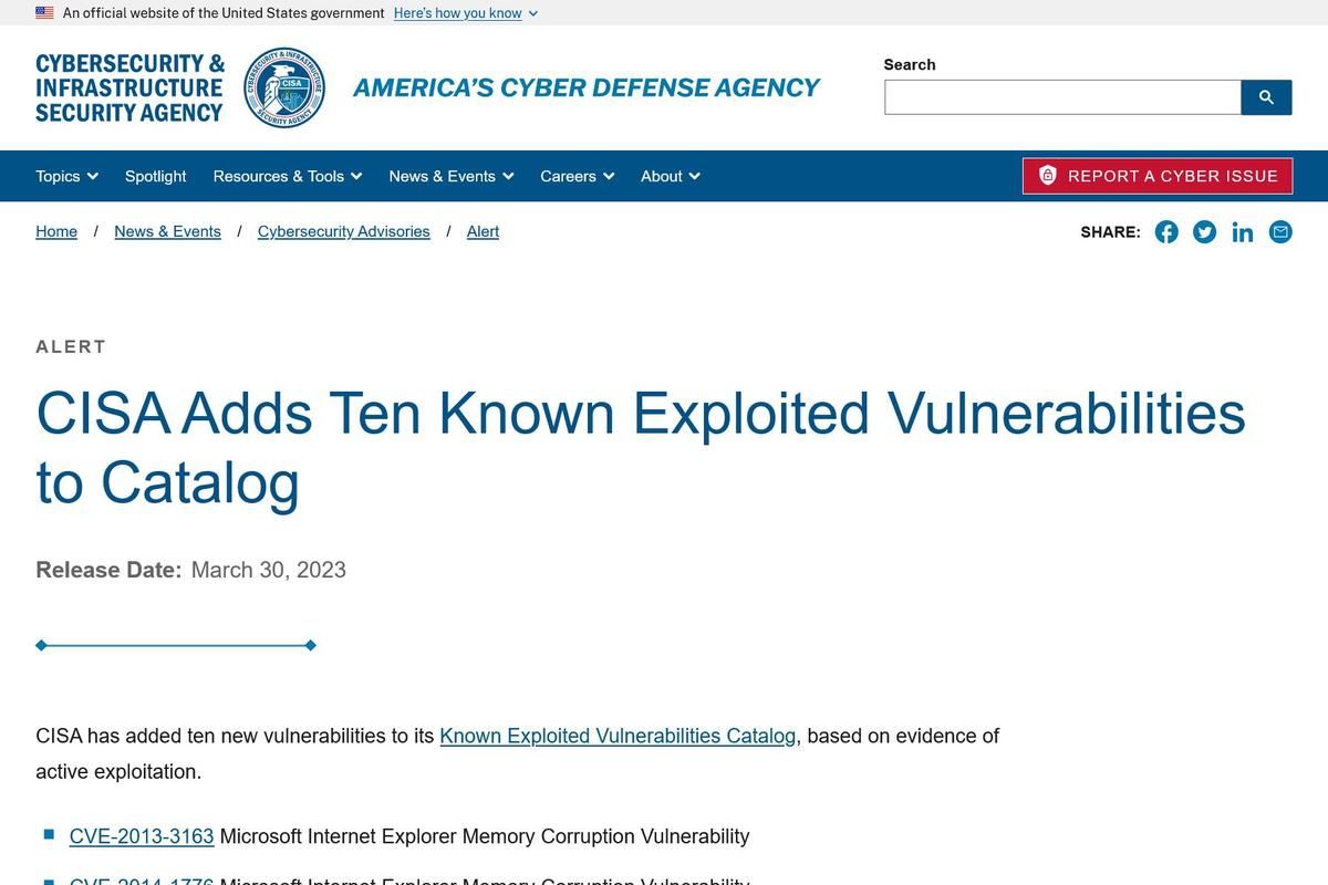 CISA Adds Ten Known Exploited Vulnerabilities to Catalog｜CISA