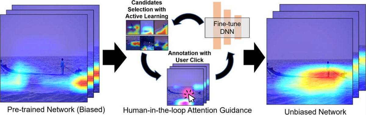 提案のクリックベースのAIトレーニングシステム。単一クリックの注目誘導を用いたユーザインタフェースと新たなアクティブラーニング手法を利用することで、DNNをより正確かつ効率的にトレーニングできる