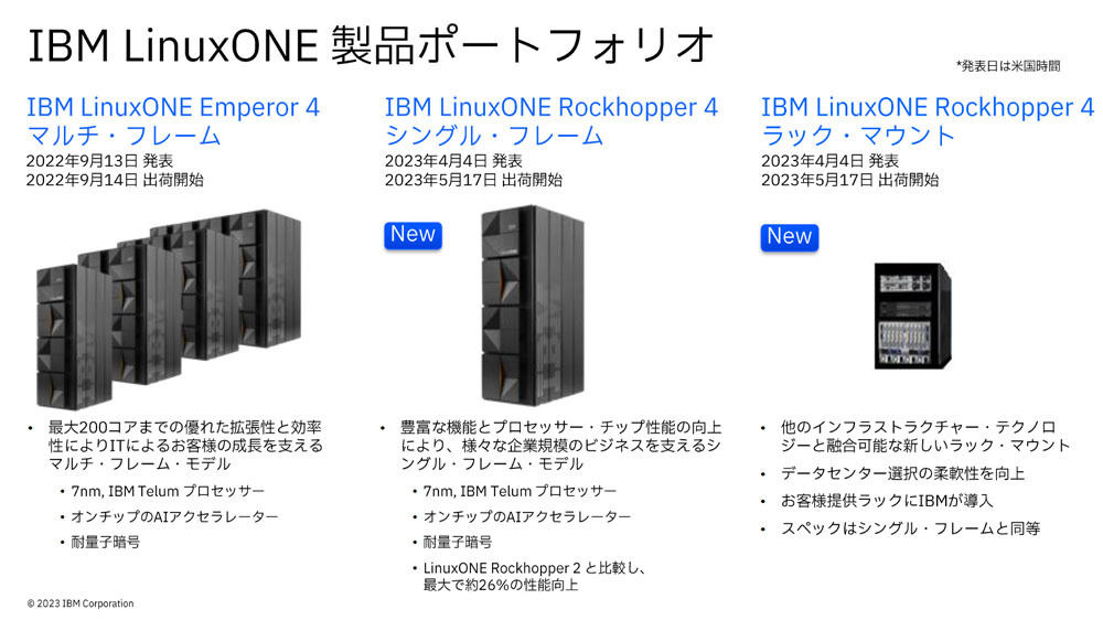 「IBM LinuxONE 4」のシングルフレームモデル、ラックマウントモデルの概要