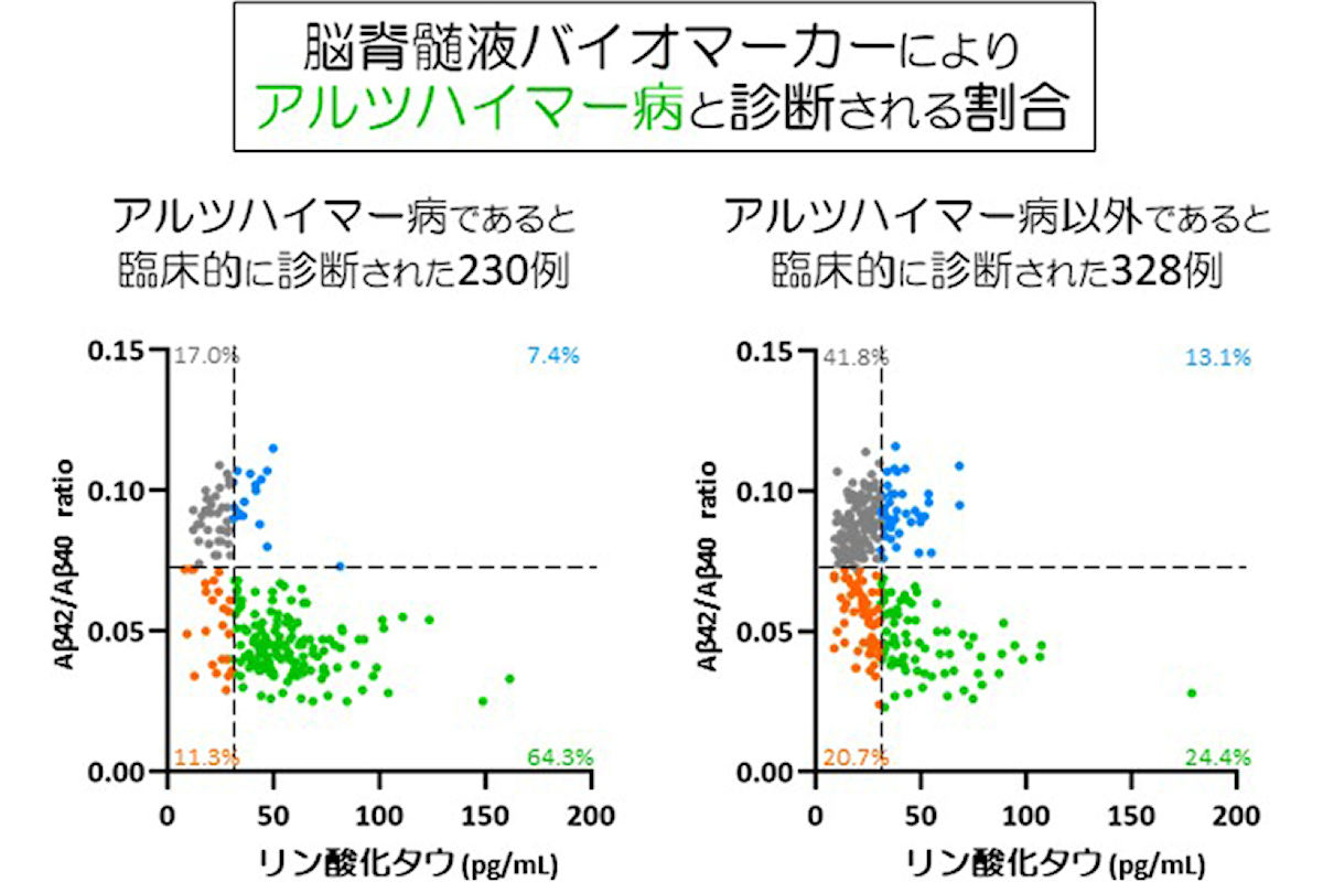 グリーンで示された症例は、アミロイドβ沈着の指標であるAβ42/Aβ40の低下とタウ蓄積の指標であるリン酸化タウの上昇の両者を認めることから、脳内にアルツハイマー病を有している(生物学的アルツハイマー病)と考えられる。臨床的にアルツハイマー病と診断された症例の64.3%のみが生物学的アルツハイマー病であり、残る35.7%はアルツハイマー病以外の誤診と考えられる。また、アルツハイマー病以外と臨床的に診断された症例の24.%は、脳内にアルツハイマー病を有していると考えられるとした