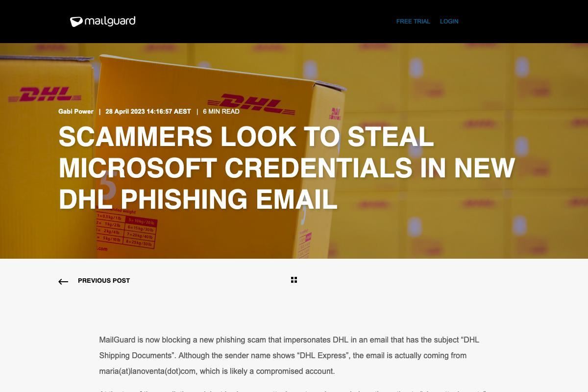 Scammers Look to Steal Microsoft Credentials in New DHL Phishing Email