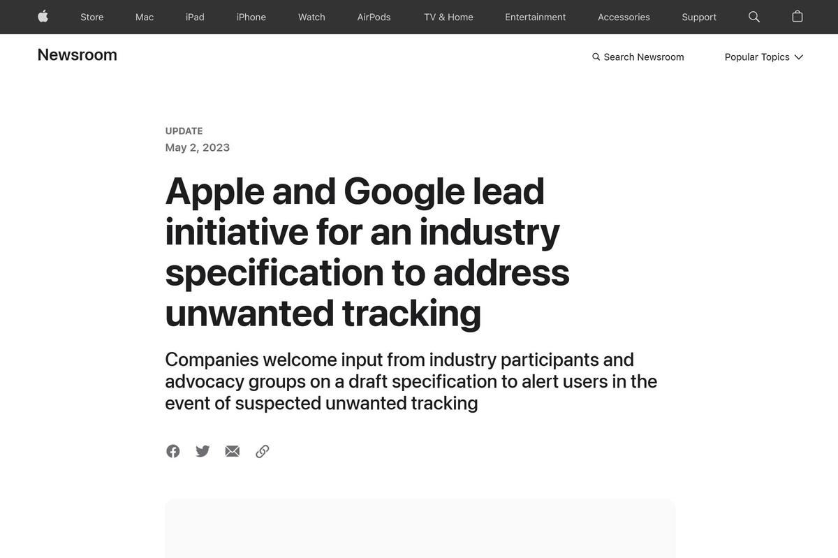 Apple、Google partner on an industry specification to address unwanted tracking - Apple