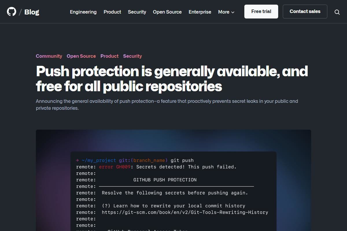 Push protection is generally available、and free for all public repositories｜The GitHub Blog
