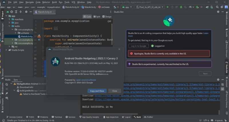 Android Studio Hedgehog起動画面