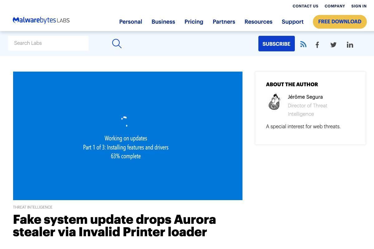 Fake system update drops Aurora stealer via Invalid Printer loader