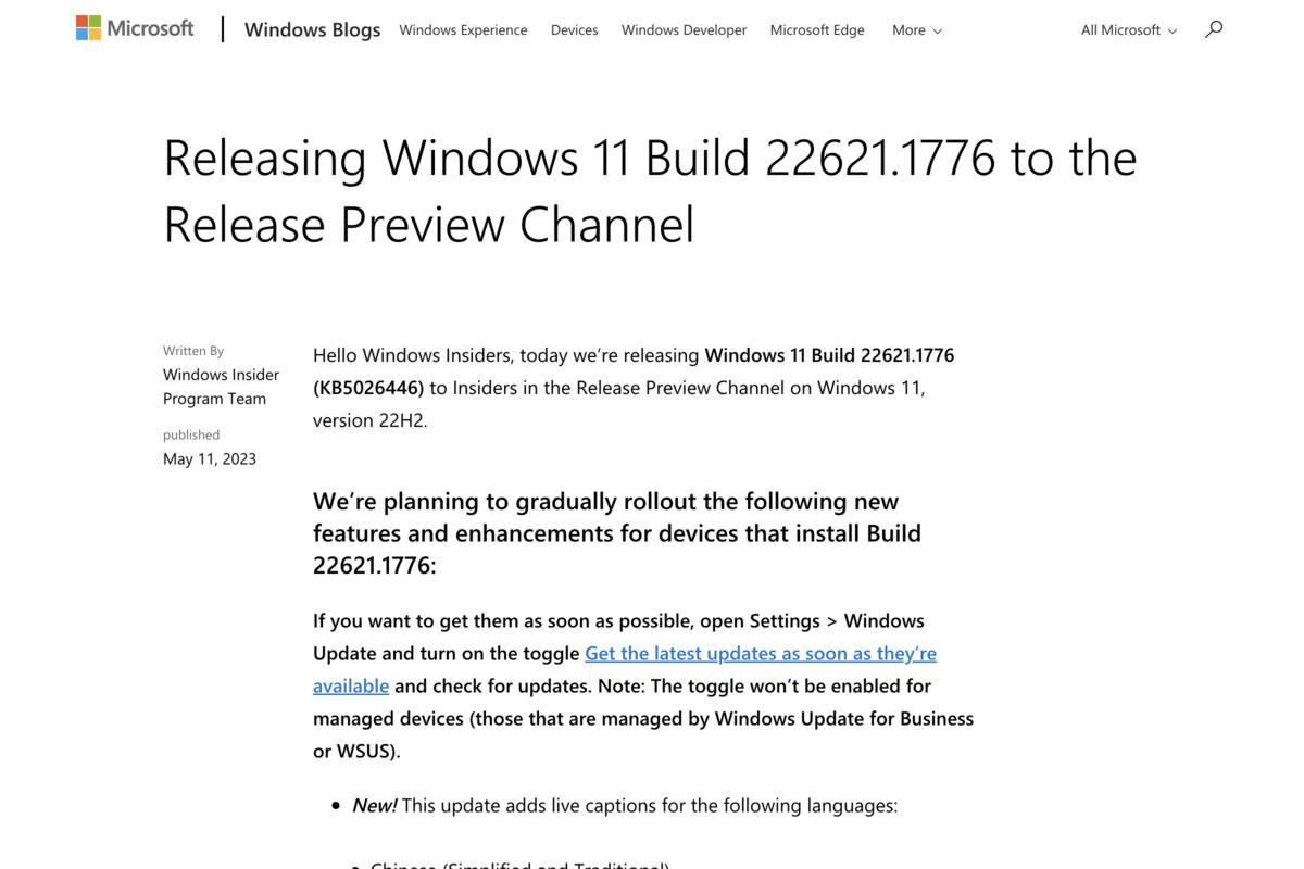 Releasing Windows 11 Build 22621.1776 to the Release Preview Channel｜Windows Insider Blog