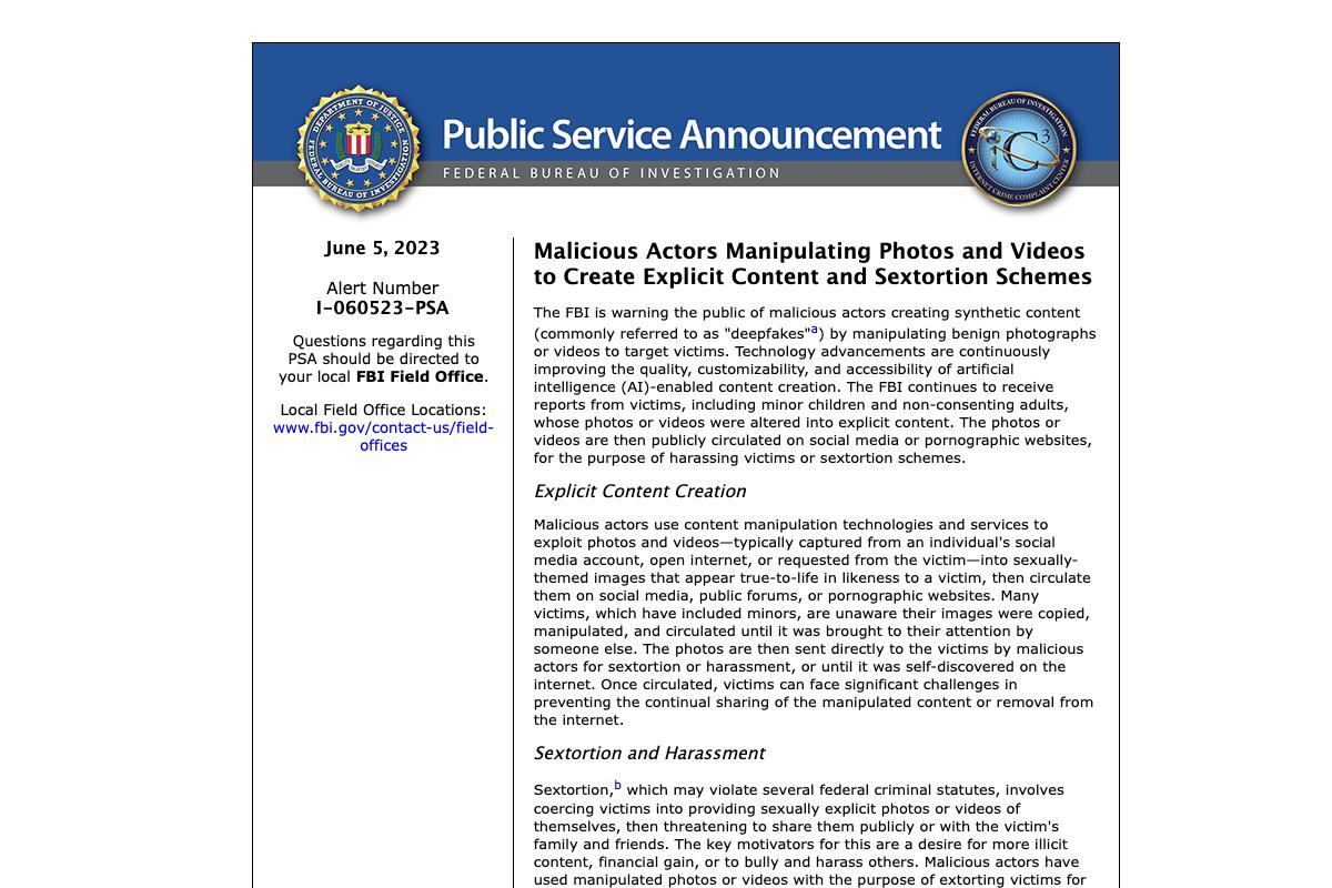 Malicious Actors Manipulating Photos and Videos to Create Explicit Content and Sextortion Schemes