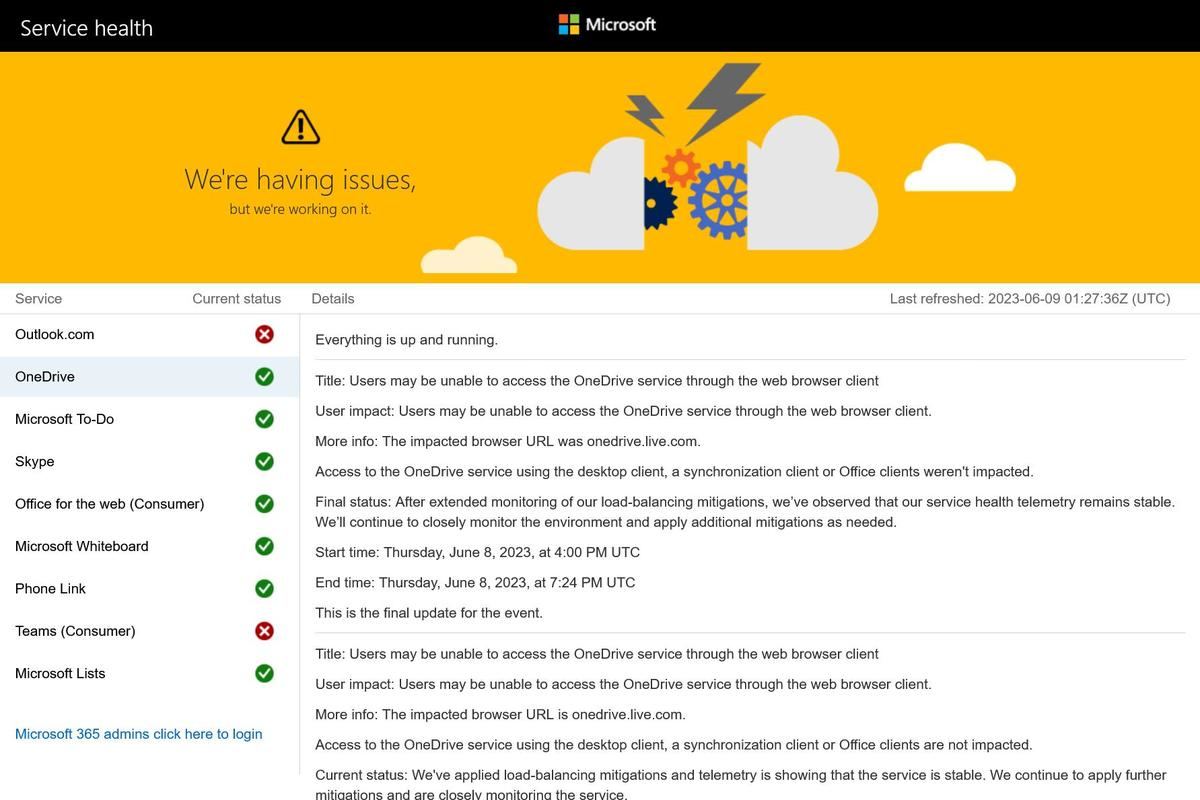 Service Status - OneDrive