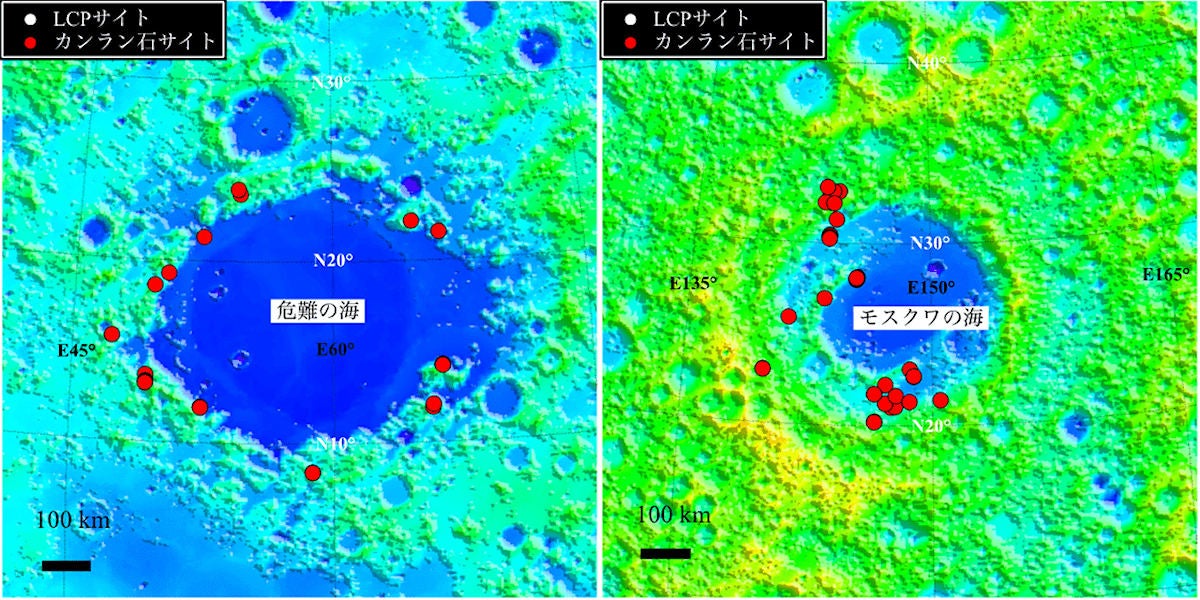 危難の海(左)およびモスクワの海(右)の周囲における、カンラン石に富むサイトの分布(赤丸の領域)。LCPに富むサイトはこの周囲では発見されていない。背景はかぐやによる地形データ。