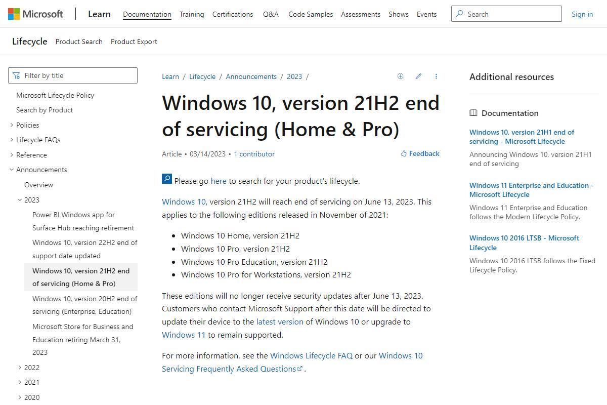 Windows 10、version 21H2 end of servicing (Home & Pro) - Microsoft Lifecycle｜Microsoft Learn