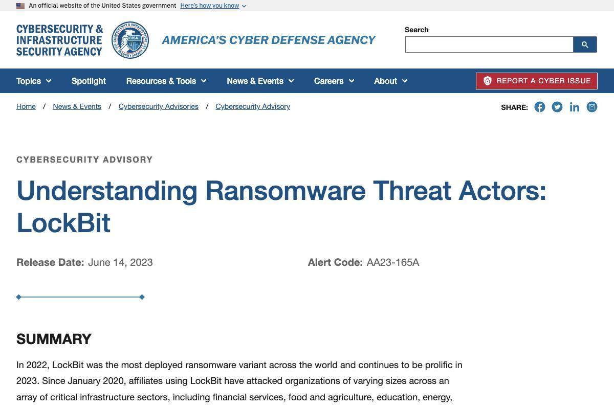 Understanding Ransomware Threat Actors: LockBit｜CISA