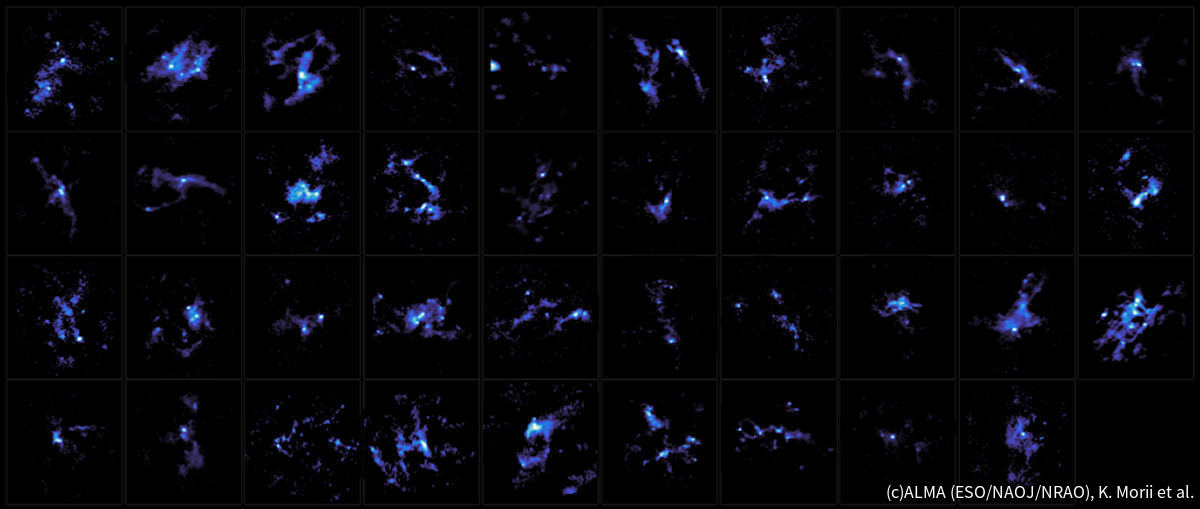 アルマ望遠鏡で観測された39領域の塵の分布。