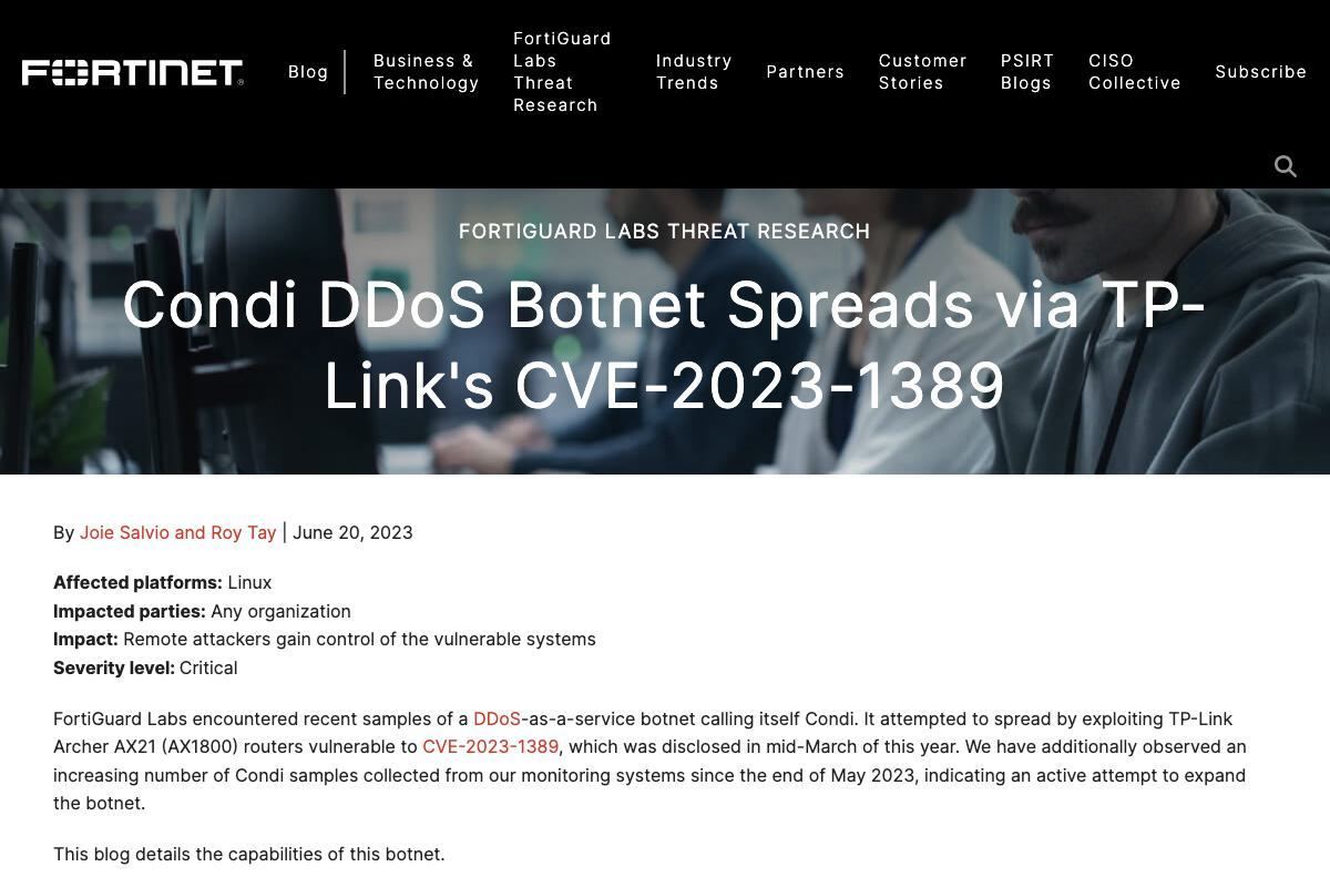 Condi DDoS Botnet Spreads via TP-Link's CVE-2023-1389｜FortiGuard Labs