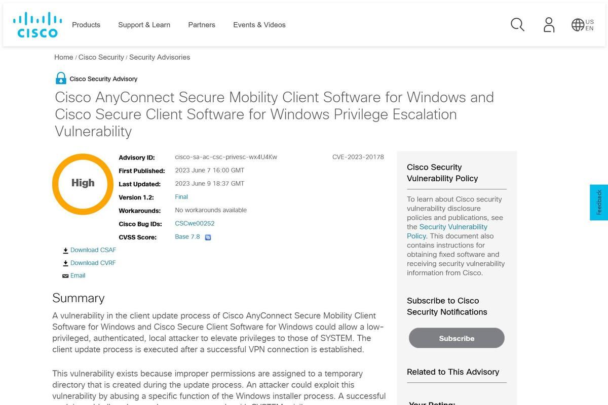 Cisco AnyConnect Secure Mobility Client Software for Windows and Cisco Secure Client Software for Windows Privilege Escalation Vulnerability