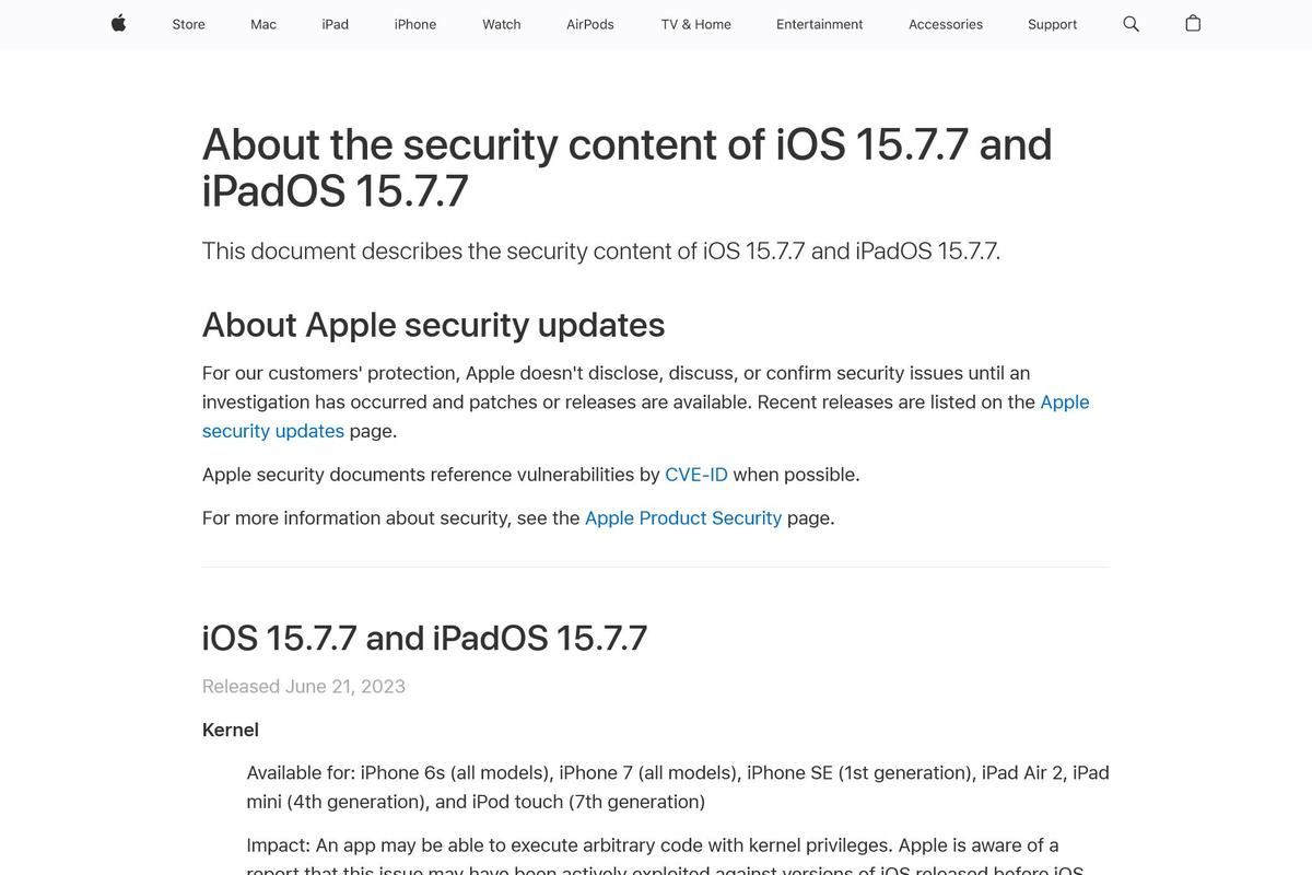 About the security content of iOS 15.7.7 and iPadOS 15.7.7 - Apple Support