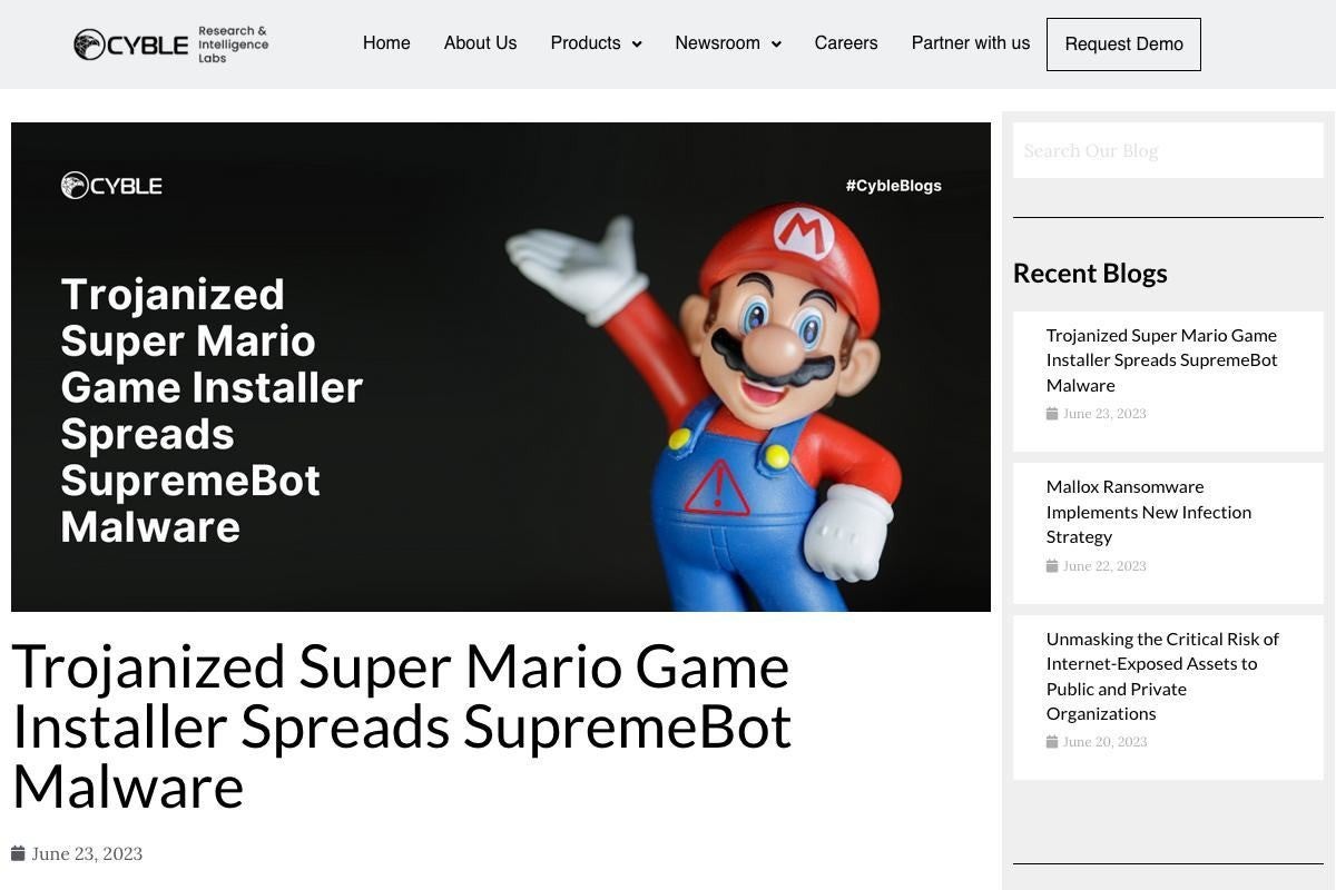 Cyble — Trojanized Super Mario Game Installer Spreads SupremeBot Malware